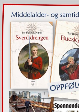 BUESKYTTEREN; oppfølgeren av SVERDDRENGEN (2018): Forfatteren ombord i det nybygde Osebergskipet i Tønsberg.   Et lignende langskip var det Gregorius Dagsson og hans menn rodde ut med fra Skien langs kysten til Bjørgvin der et avgjørende slaget ventet. Denne ferden i 1155 kan du lese om i 